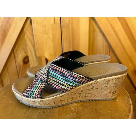 Skechers Luxe Foam Multi-Color Wedge Heel Sandals Slides Women's sz 8 - Picture 3 of 10